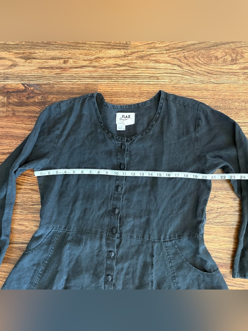 FLAX linen charcoal black dress, long sleeves, button down above knee size small - Picture 2 of 6